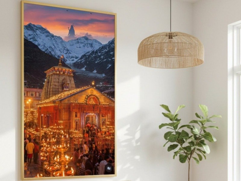 kedarnath temple sunset canvas wall art photographed framed on a wall