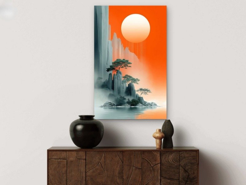 misty cliffs orange sun canvas wall art photographed framed on a wall
