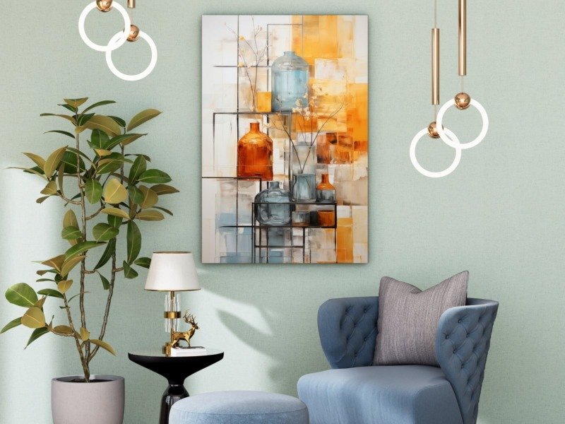 amber bottles abstract shelf canvas wall art photographed framed on a wall