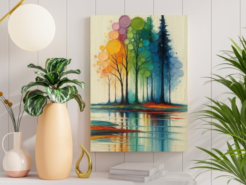 rainbow grove reflections canvas wall art photographed framed on a wall