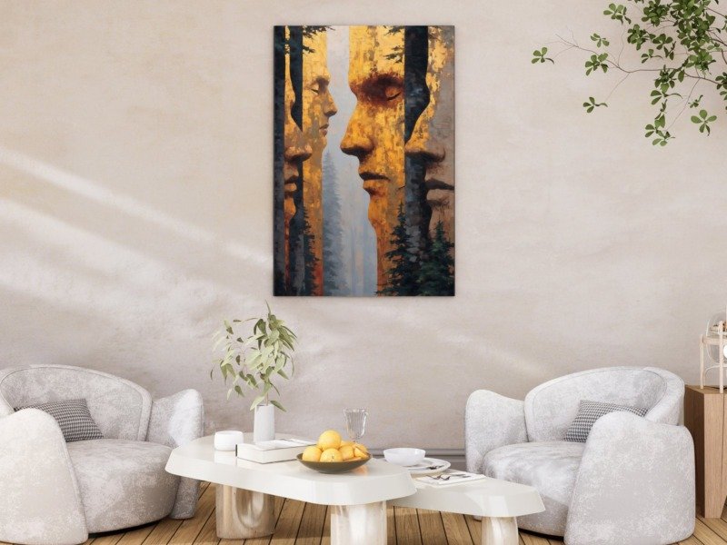 golden faces in the pines canvas wall art photographed framed on a wall