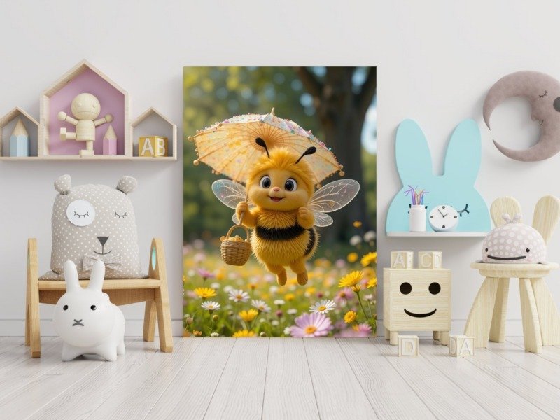 fluffy bee flower meadow canvas wall art photographed framed on a wall