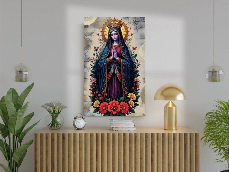 crowned madonna in prayer canvas wall art photographed framed on a wall