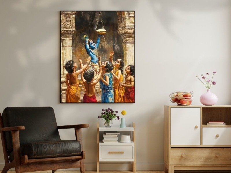 makhan chor krishna friends canvas wall art photographed framed on a wall