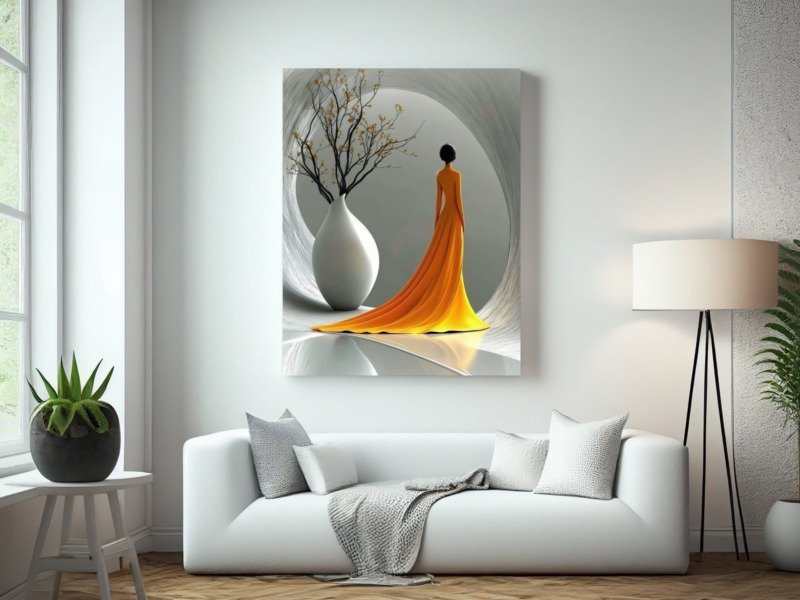 saffron gown and vase canvas wall art photographed framed on a wall