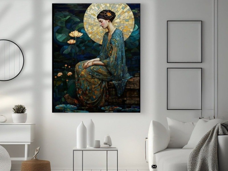 mosaic muse lotus pond canvas wall art photographed framed on a wall