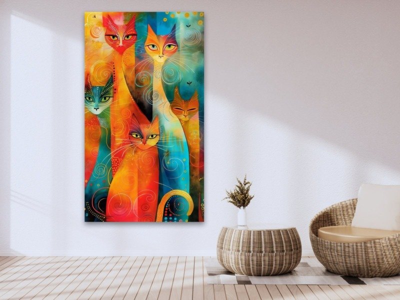 whimsical cat carnival canvas wall art photographed framed on a wall