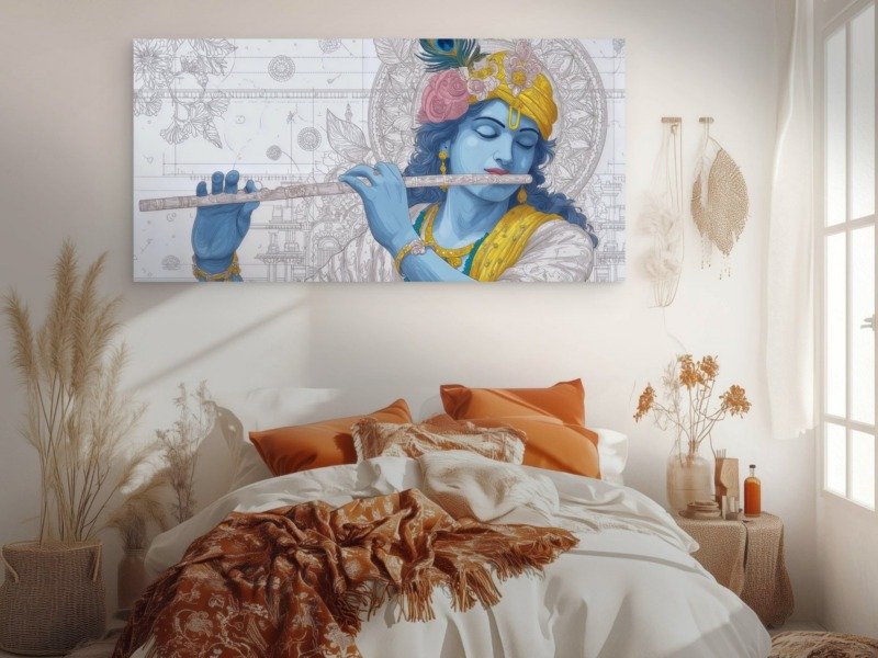 krishna flute line art canvas wall art photographed framed on a wall