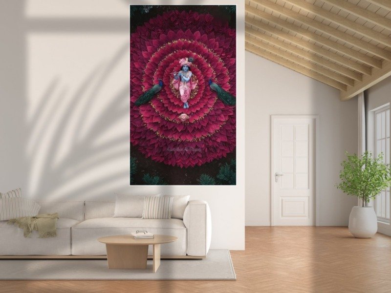 krishna crimson leaf mandala canvas wall art photographed framed on a wall