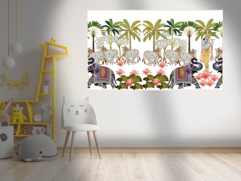 pichwai krishna with elephants canvas wall art photographed framed on a wall
