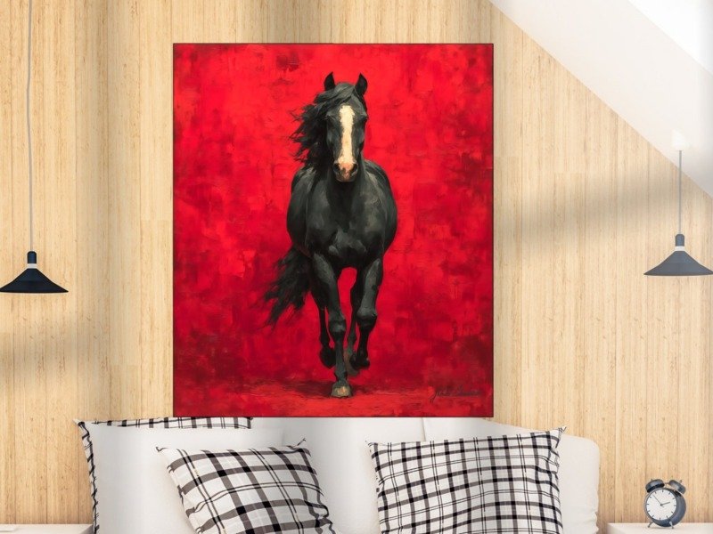 black stallion on red canvas wall art shown framed in a real room, view 0