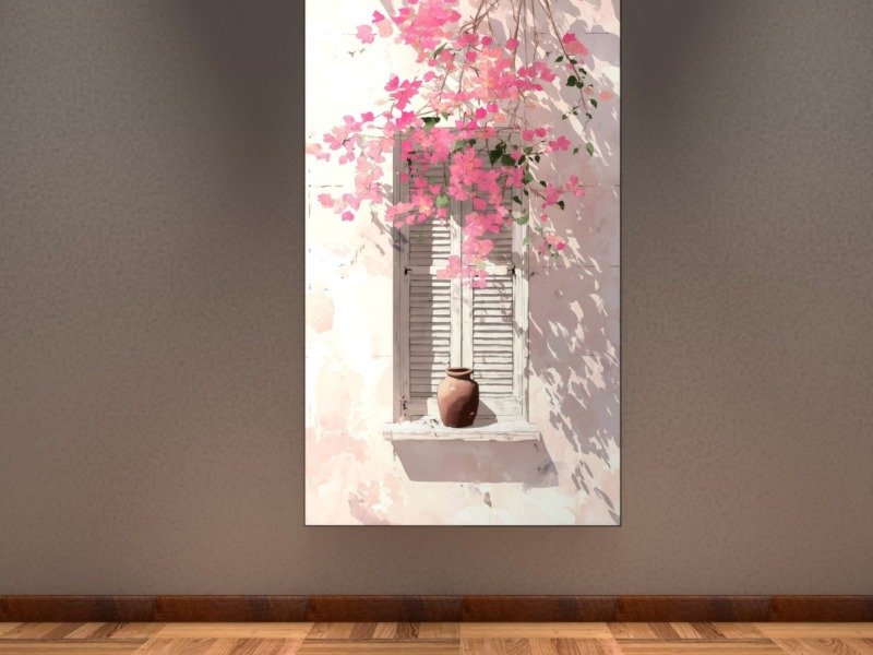 bougainvillea shuttered window canvas wall art shown framed in a real room, view 0