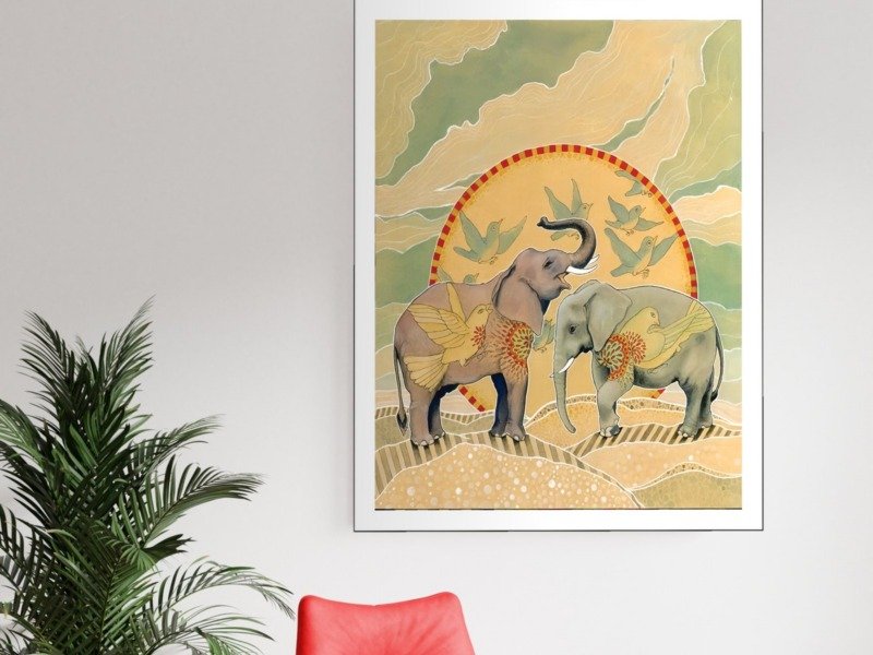 folk elephants sunrise birds canvas wall art shown framed in a real room, view 0