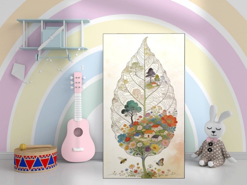 village within a leaf canvas wall art shown framed in a real room, view 0