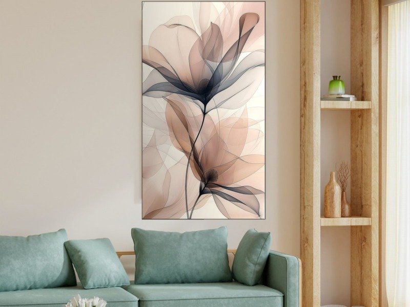 translucent petals in taupe canvas wall art shown framed in a real room, view 0