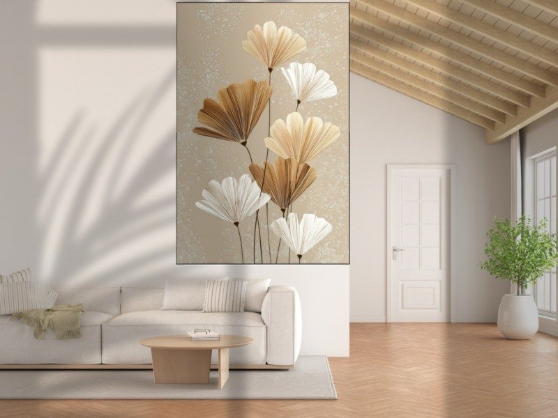 golden ginkgo fans canvas wall art shown framed in a real room, view 0