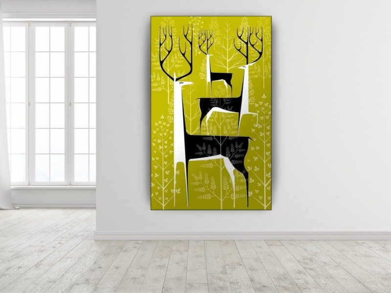 mid-century deer forest canvas wall art shown framed in a real room, view 0