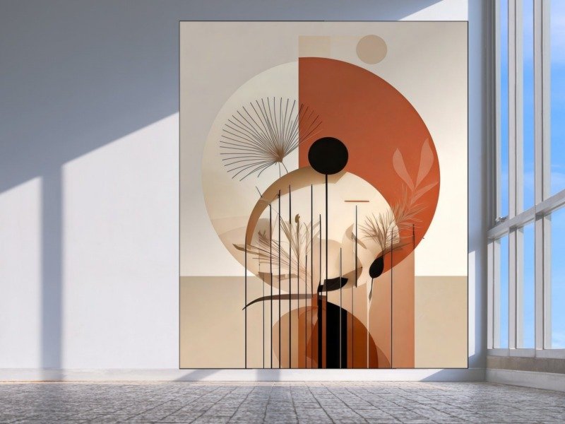 terracotta palm geometry canvas wall art shown framed in a real room, view 0