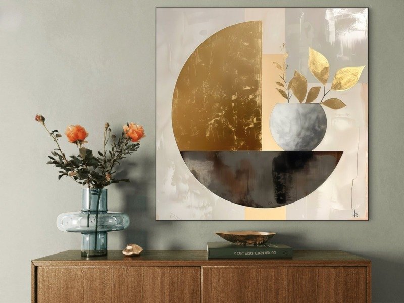 golden circle leaf vase canvas wall art shown framed in a real room, view 0
