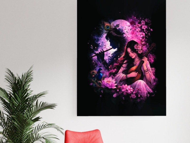 radha krishna moonlit melody canvas wall art shown framed in a real room, view 0