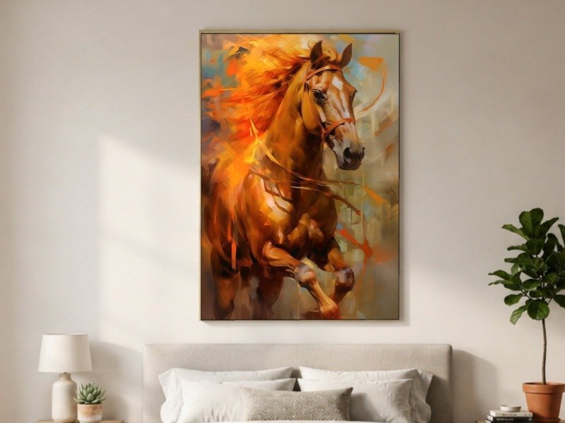 fiery chestnut stallion canvas wall art shown framed in a real room, view 0