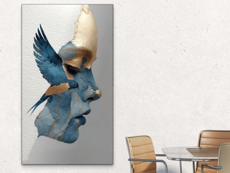 blue kintsugi bird profile canvas wall art shown framed in a real room, view 0