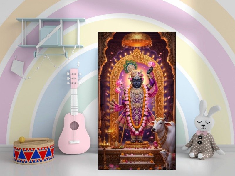 shrinathji with sacred cow canvas wall art shown framed in a real room, view 0