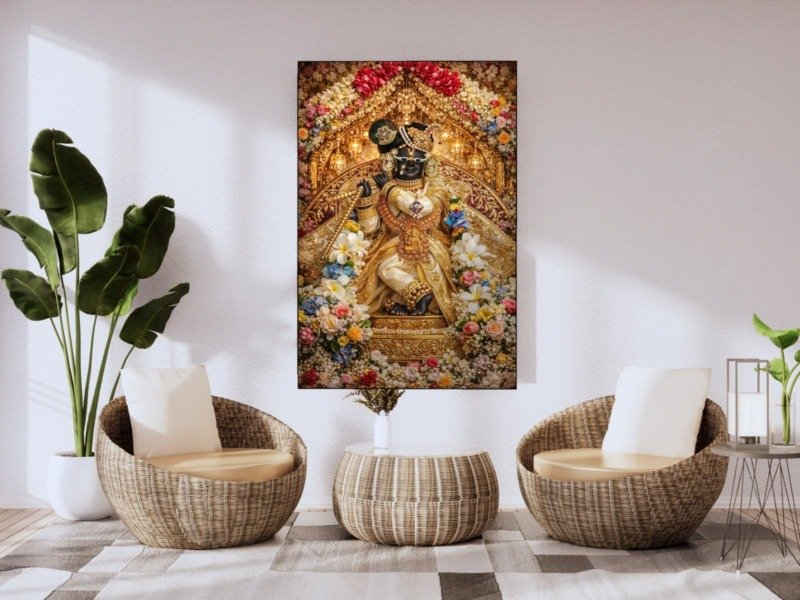 shyam krishna floral throne canvas wall art shown framed in a real room, view 0