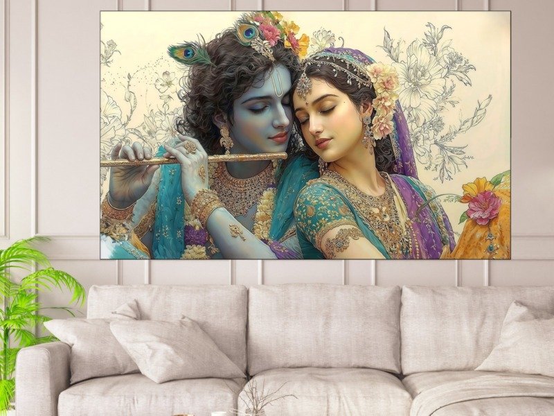 radha krishna floral sketch canvas wall art shown framed in a real room, view 0