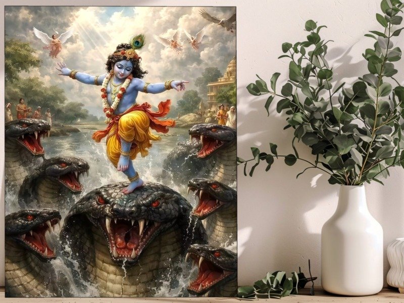krishna on kaliya winged sky canvas wall art shown framed in a real room, view 0