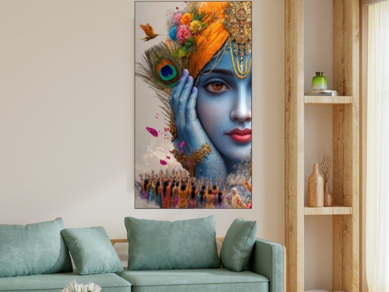 krishna gaze with devotees canvas wall art shown framed in a real room, view 0