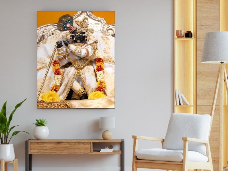 black krishna in white silk canvas wall art shown framed in a real room, view 0