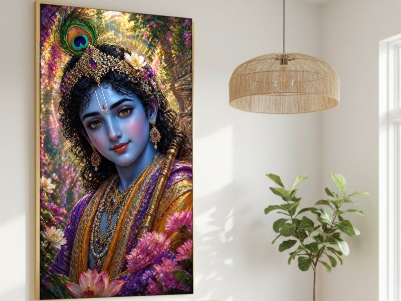 krishna among spring blossoms canvas wall art shown framed in a real room, view 0