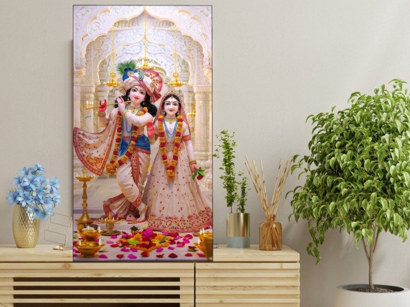radha krishna marble temple canvas wall art shown framed in a real room, view 0