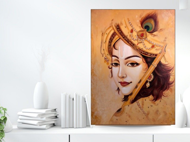 krishna in saffron turban canvas wall art shown framed in a real room, view 0
