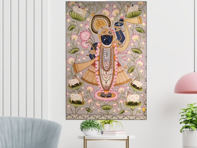 shrinathji pearl garland pichwai canvas wall art shown framed in a real room, view 0