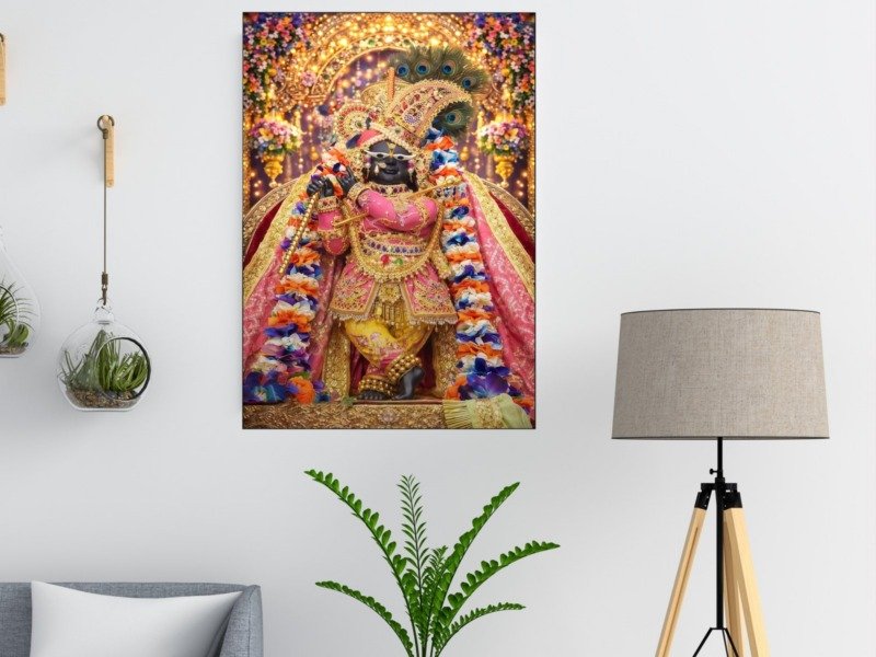 krishna shringar in pink canvas wall art shown framed in a real room, view 0