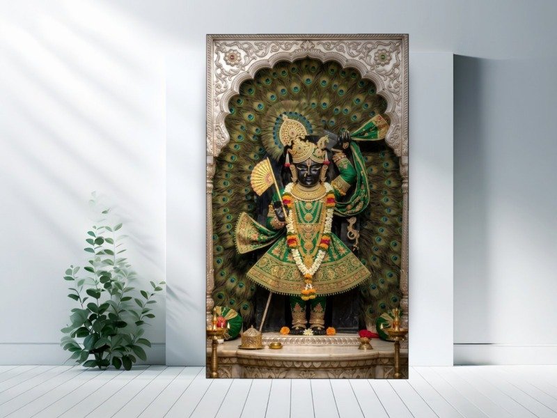 shrinathji peacock feather shrine canvas wall art shown framed in a real room, view 0