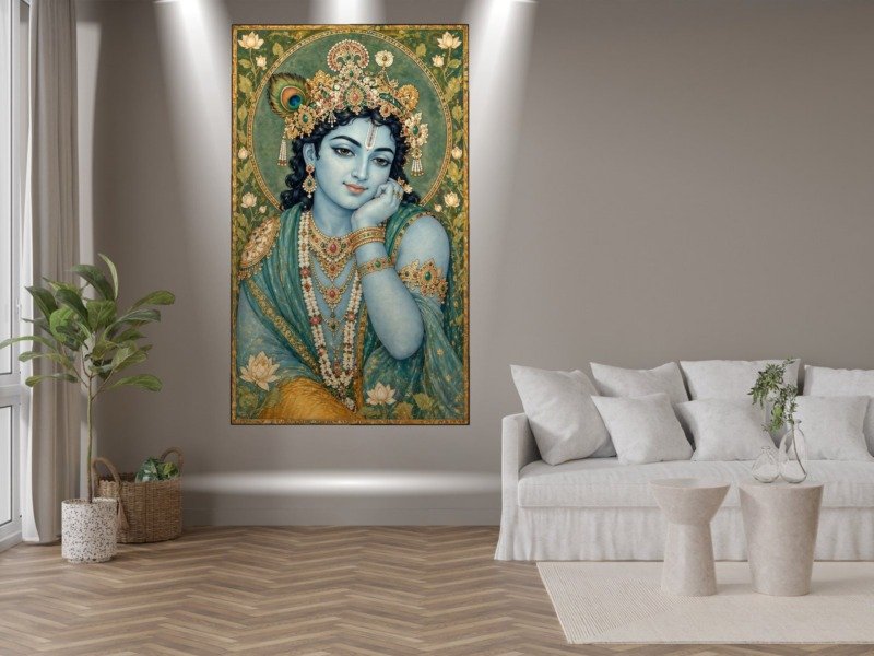 krishna teal lotus miniature canvas wall art shown framed in a real room, view 0