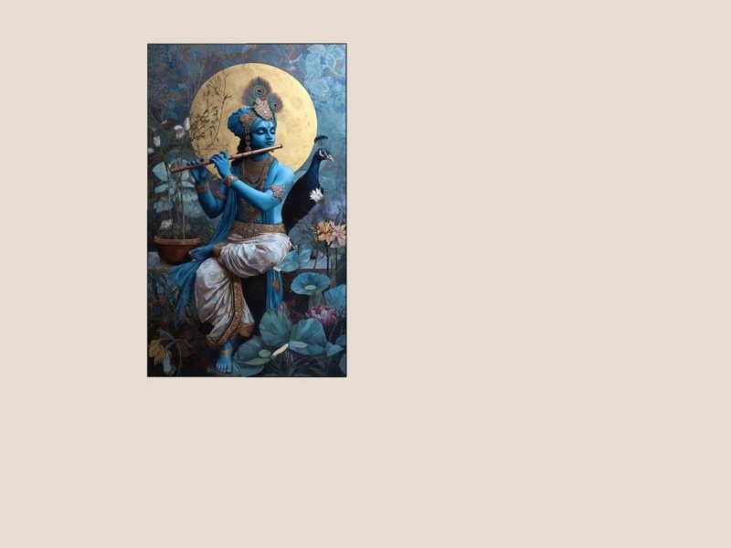 krishna golden moon garden canvas wall art shown framed in a real room, view 0