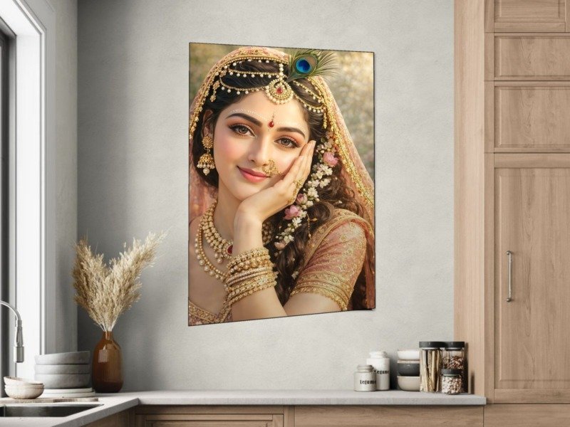 smiling radha portrait canvas wall art shown framed in a real room, view 0