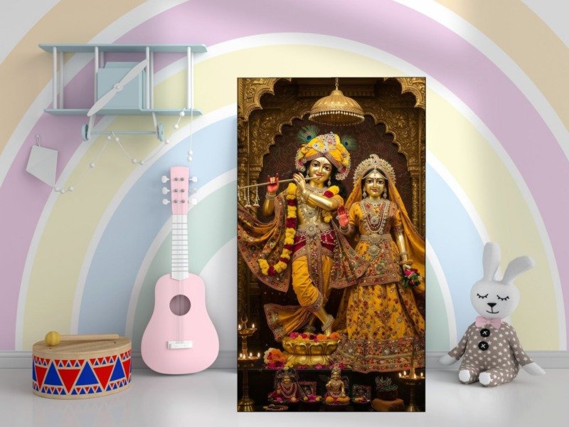 golden radha krishna murti canvas wall art shown framed in a real room, view 0