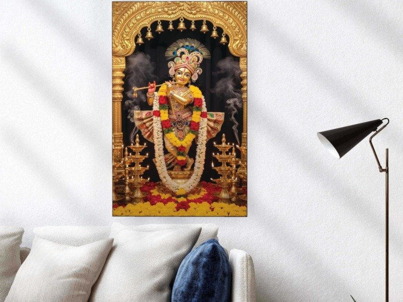 krishna bells and lamps aarti canvas wall art shown framed in a real room, view 0