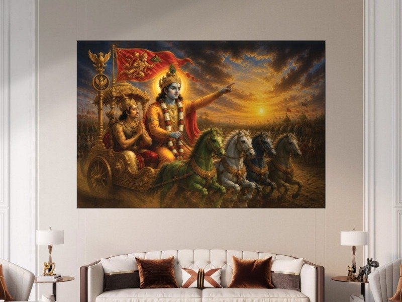krishna arjuna kurukshetra chariot canvas wall art shown framed in a real room, view 0