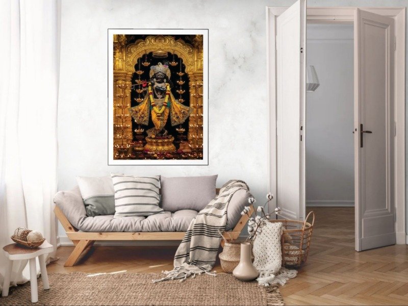 krishna golden sanctum lamps canvas wall art shown framed in a real room, view 0