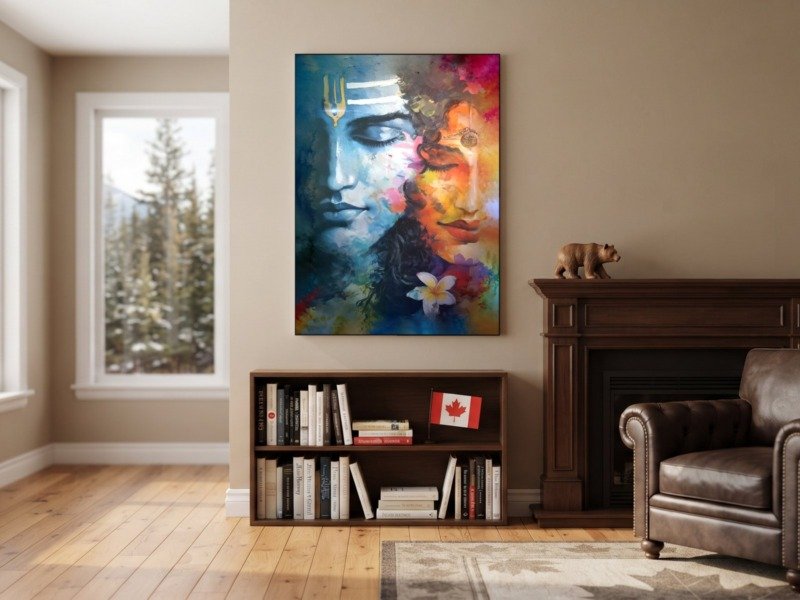 shiva parvati watercolor faces canvas wall art shown framed in a real room, view 0