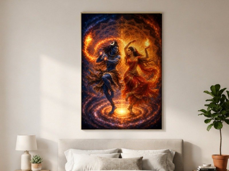 shiva parvati cosmic dance canvas wall art shown framed in a real room, view 0