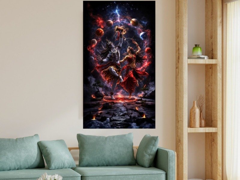 shiva tandav with planets canvas wall art shown framed in a real room, view 0
