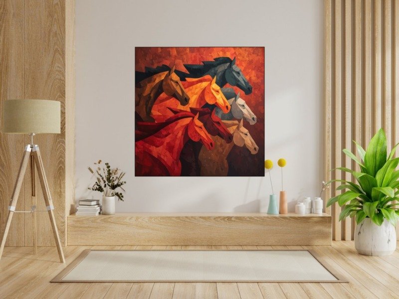 seven horses ember abstract canvas wall art shown framed in a real room, view 0