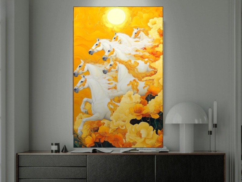 seven horses marigold sun canvas wall art shown framed in a real room, view 0